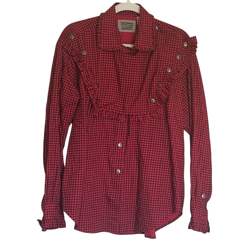 Frontier Classics Red Gingham Ruffle Bib Blouse – Size L Western Victorian Style